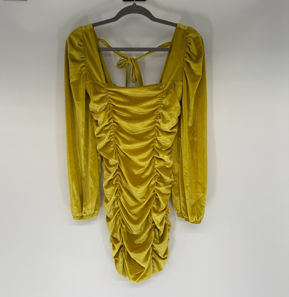 Collusion Ruched Bodycon Mini Dress Size 8 Yellow Velvet Long Sleeve Square Neck